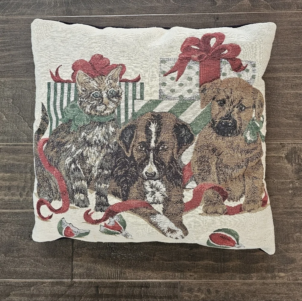 Vintage  and Charming Christmas Tapestry Puppy and Kitten Pillow